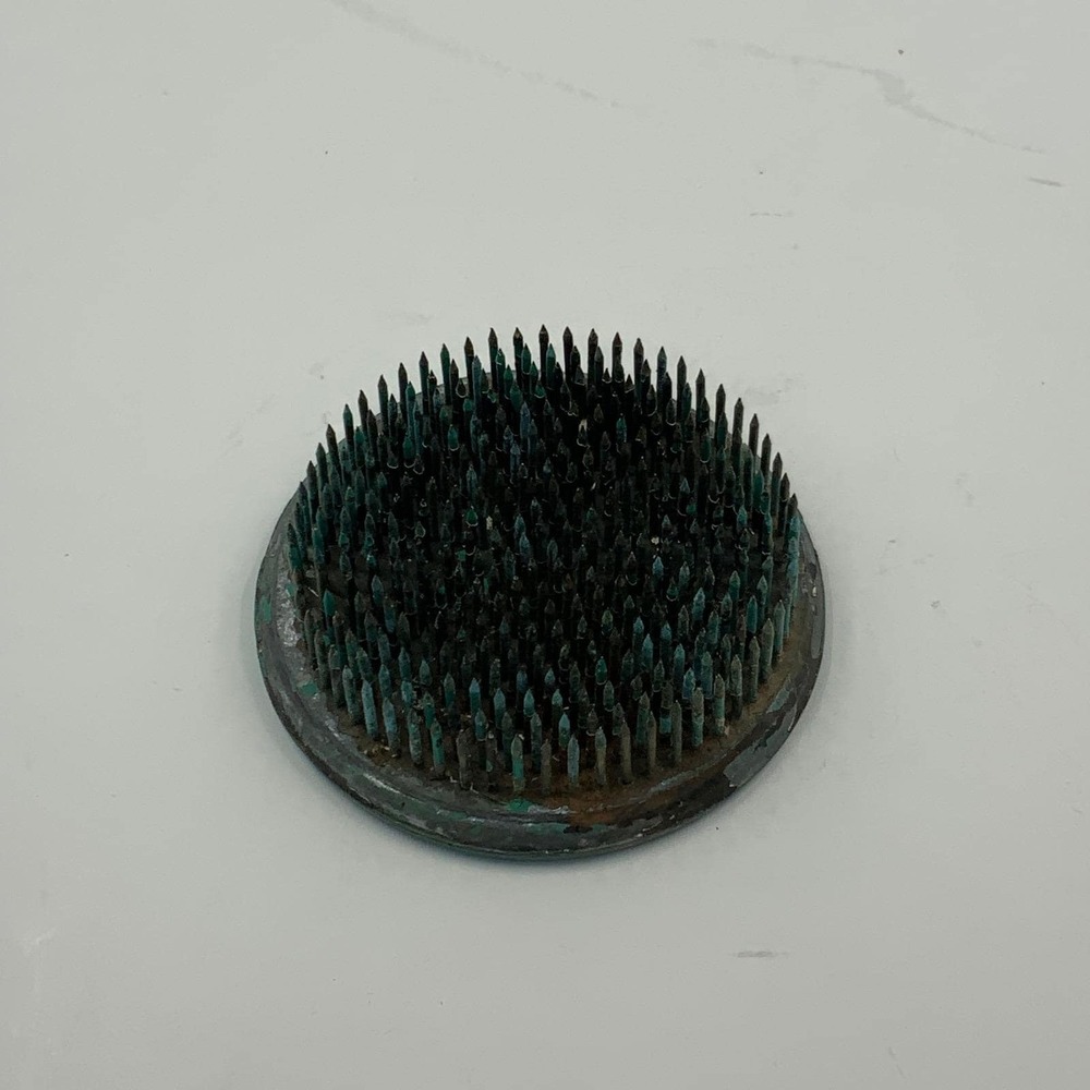 Vintage Casa Flower Frog Round Metal Pin Frog Ikebana Holder Green 3.25 Inch
